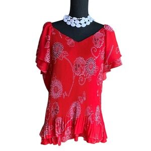 Dressbarn Women's Stretch Red Floral Pleated Flutter Sleeve V Neck Blouse Top 2X
